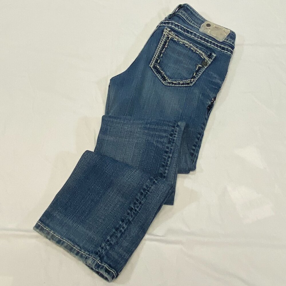 Silver Suki Faded Distressed Boot Cut Denim Jeans 27 Embroidered Jeweled - Picture 11 of 15